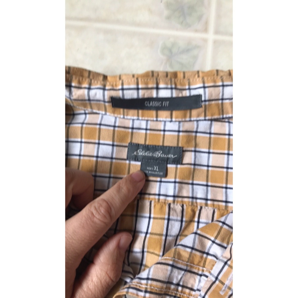 EDDIE BAUER Mens XL Yellow Check Classic Fit Cotton Button Down Shirt